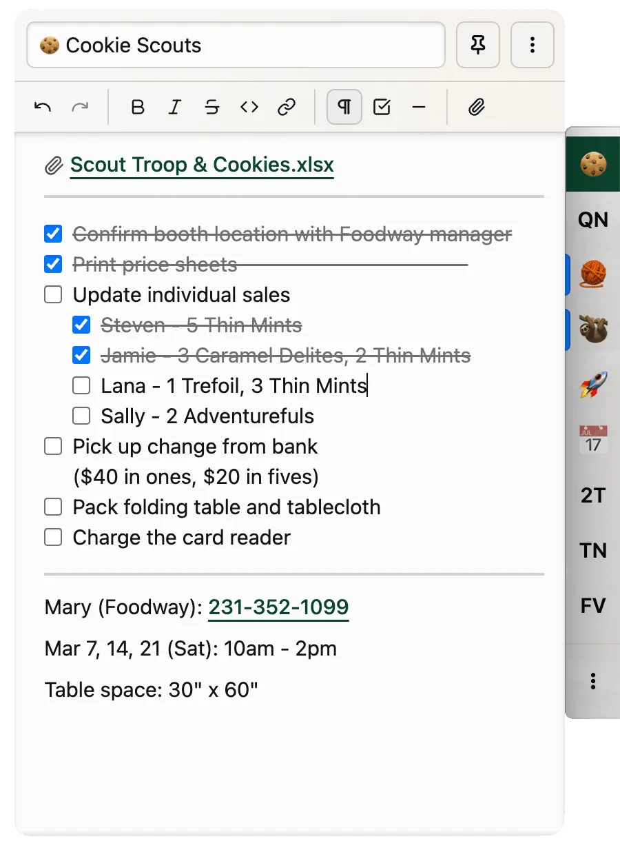 Slip Switch window pinned beside a spreadsheet, showing a Cookie Scouts checklist with attached file, links, and event details.